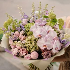Orchid Delphinium Viburnum Disbuds Bouquet by Posy Floral Design